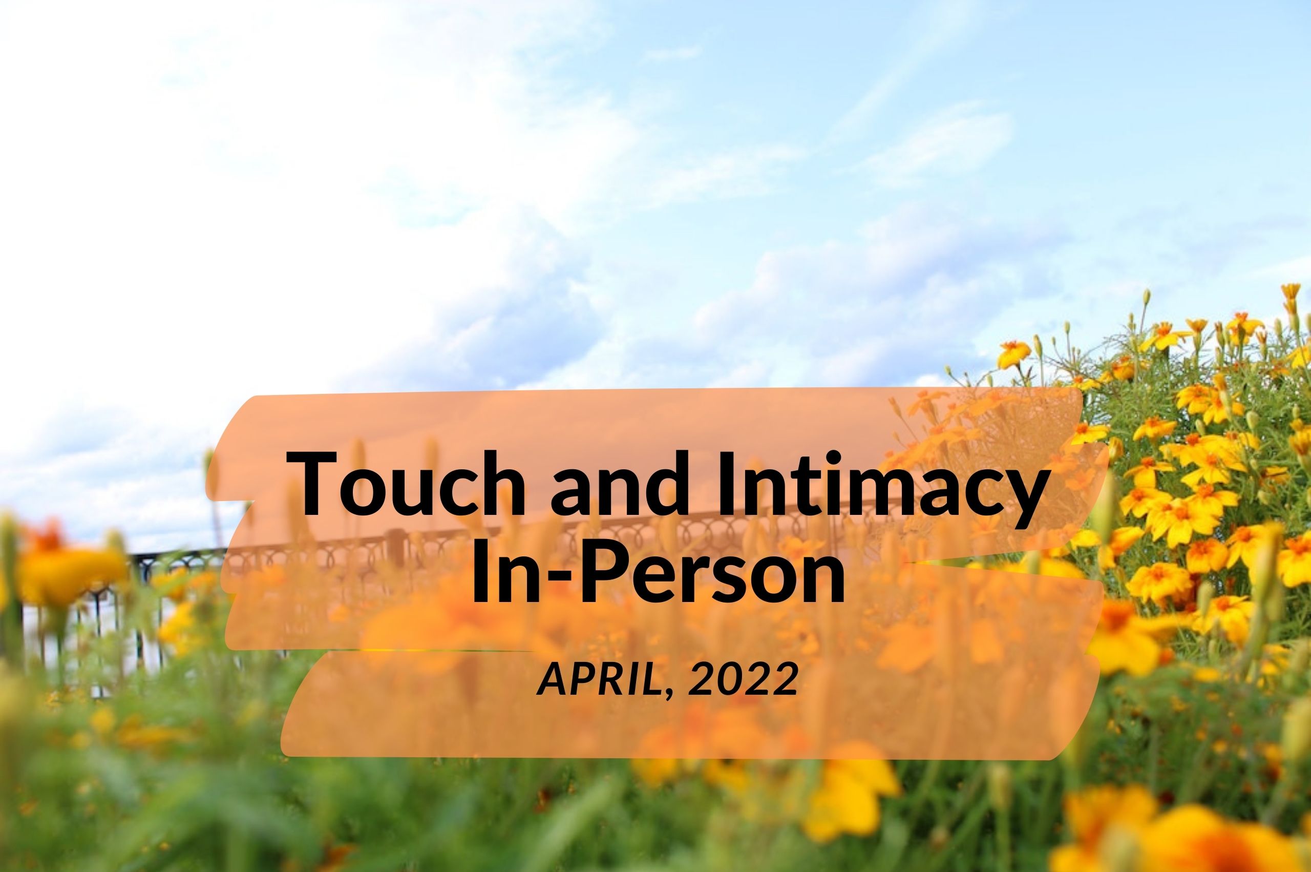 Blue sky and grass landscape photo with yellow flowers, words across say Touch and Intimacy In-Person April 2022